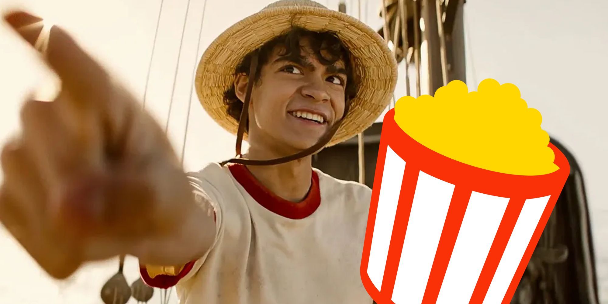 Aquí está Godoy como Monkey D Luffy en una sola pieza con un cubo de palomitas de maíz frescas de Rotten Tomatoes.