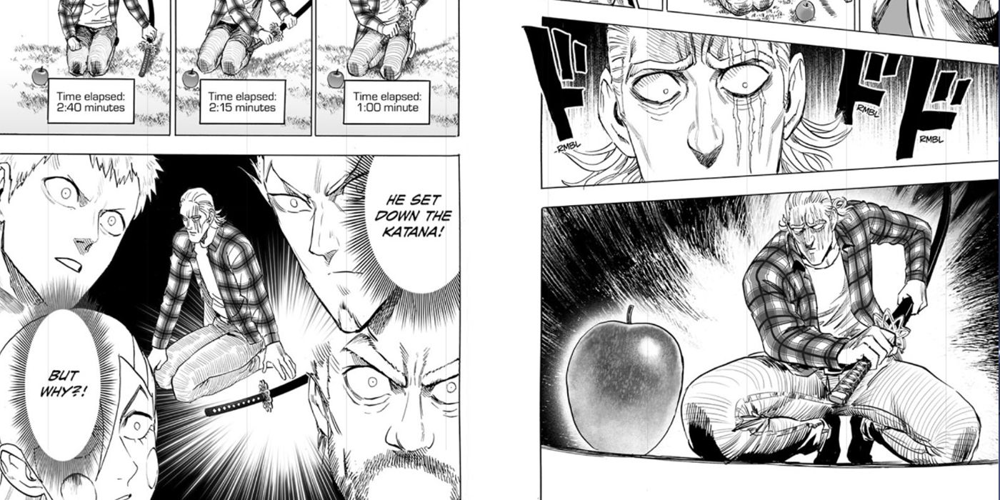 One-Punch Man: King considers cutting the apple, but doesn't.