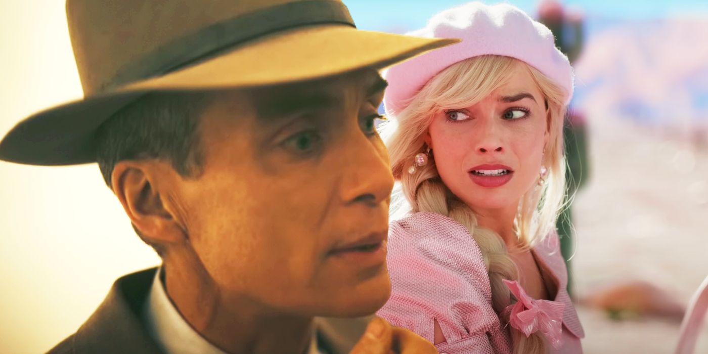 Custom image of Cillian Murphy as Oppenheimer juxtaposed with Margot Robbie as Barbie looking worried.