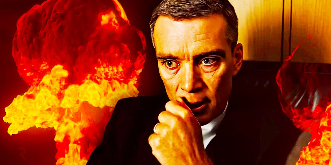 Cillian Murphy as Oppenheimer looking regretful surrounded by flames.