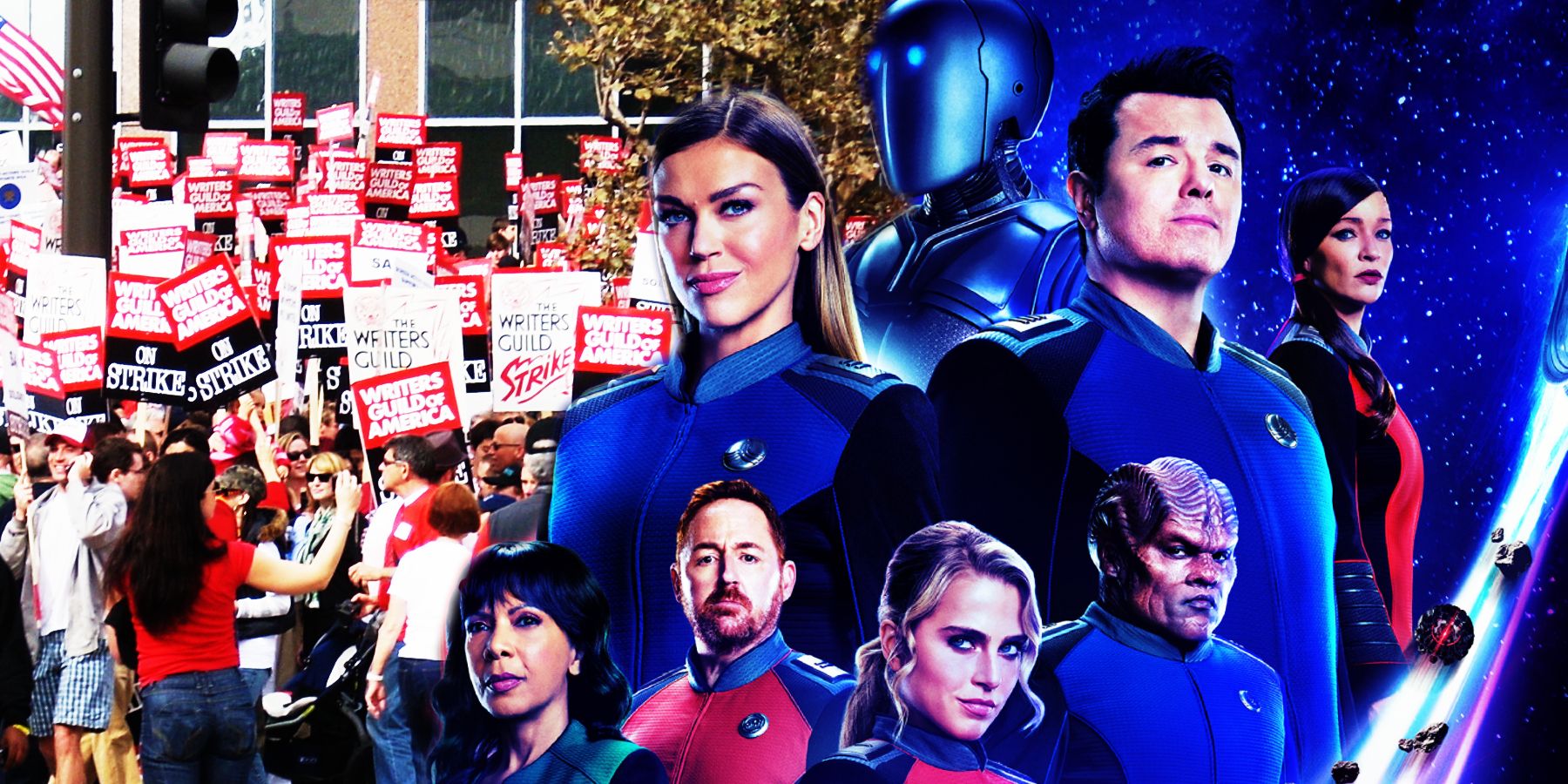 Promotional artwork for The Orville season 3 and the WGA strike
