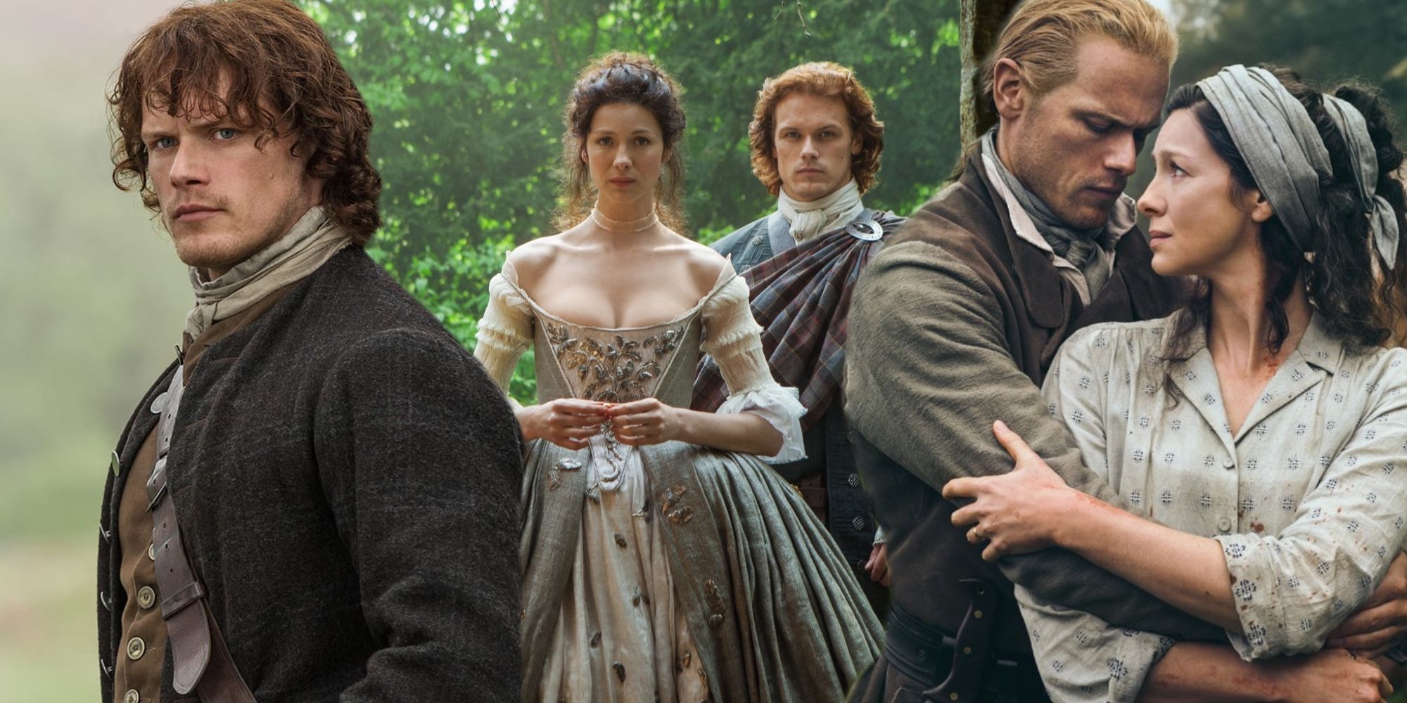 A composite image of Jamie and Claire in various costumes in Outlander