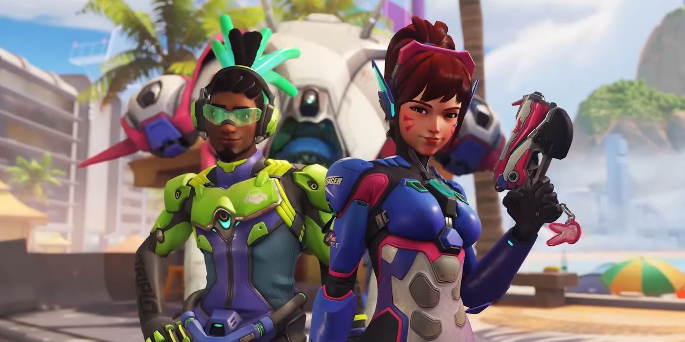 Overwatch 2&rsquo;s Lucio and D.Va standing next to each other on a beach.