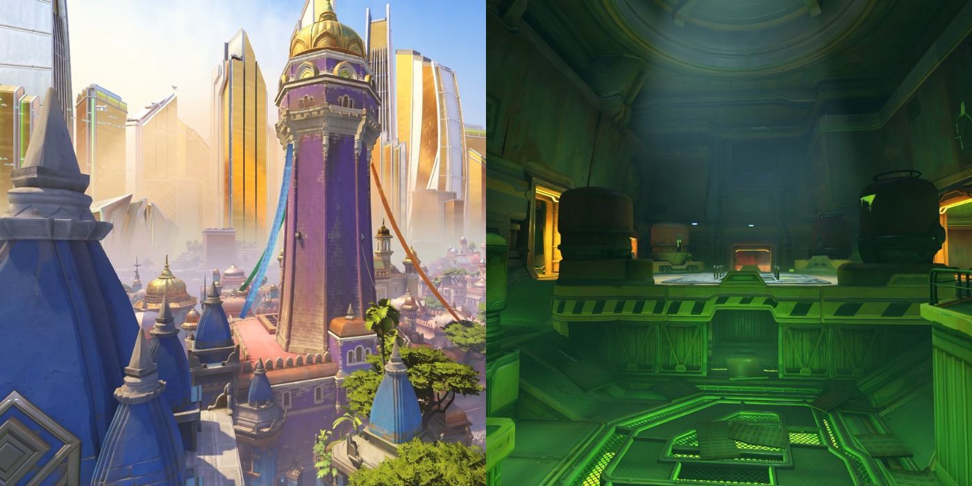 Landscape shots of Overwatch 2&rsquo;s new  Suravasa and New Junk City maps, coming in Season 6.