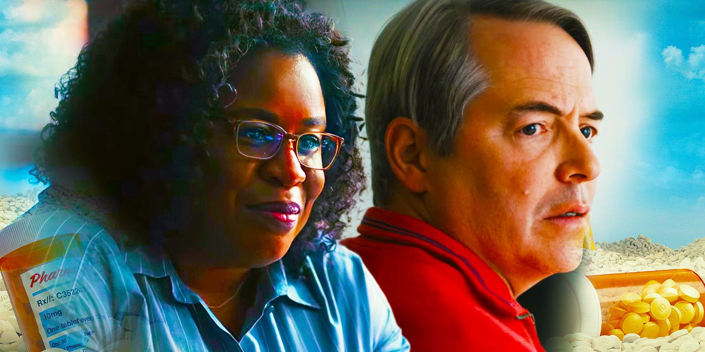 This image shows Edie Flowers next to Richard Sackler with a background of prescription pills.