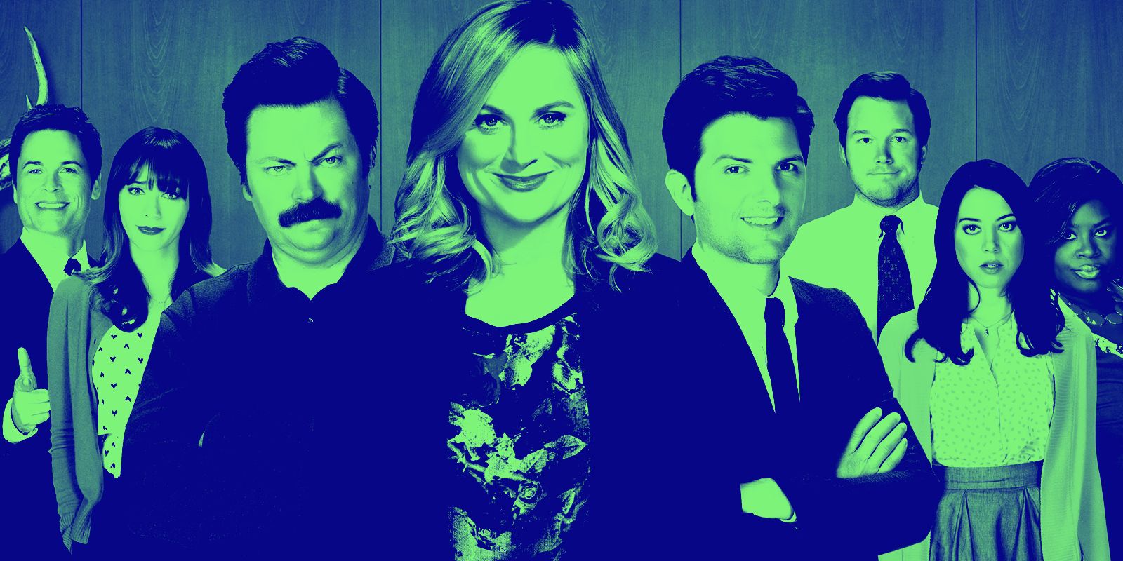The cast of Parks and Rec is overlayed with blue and green.