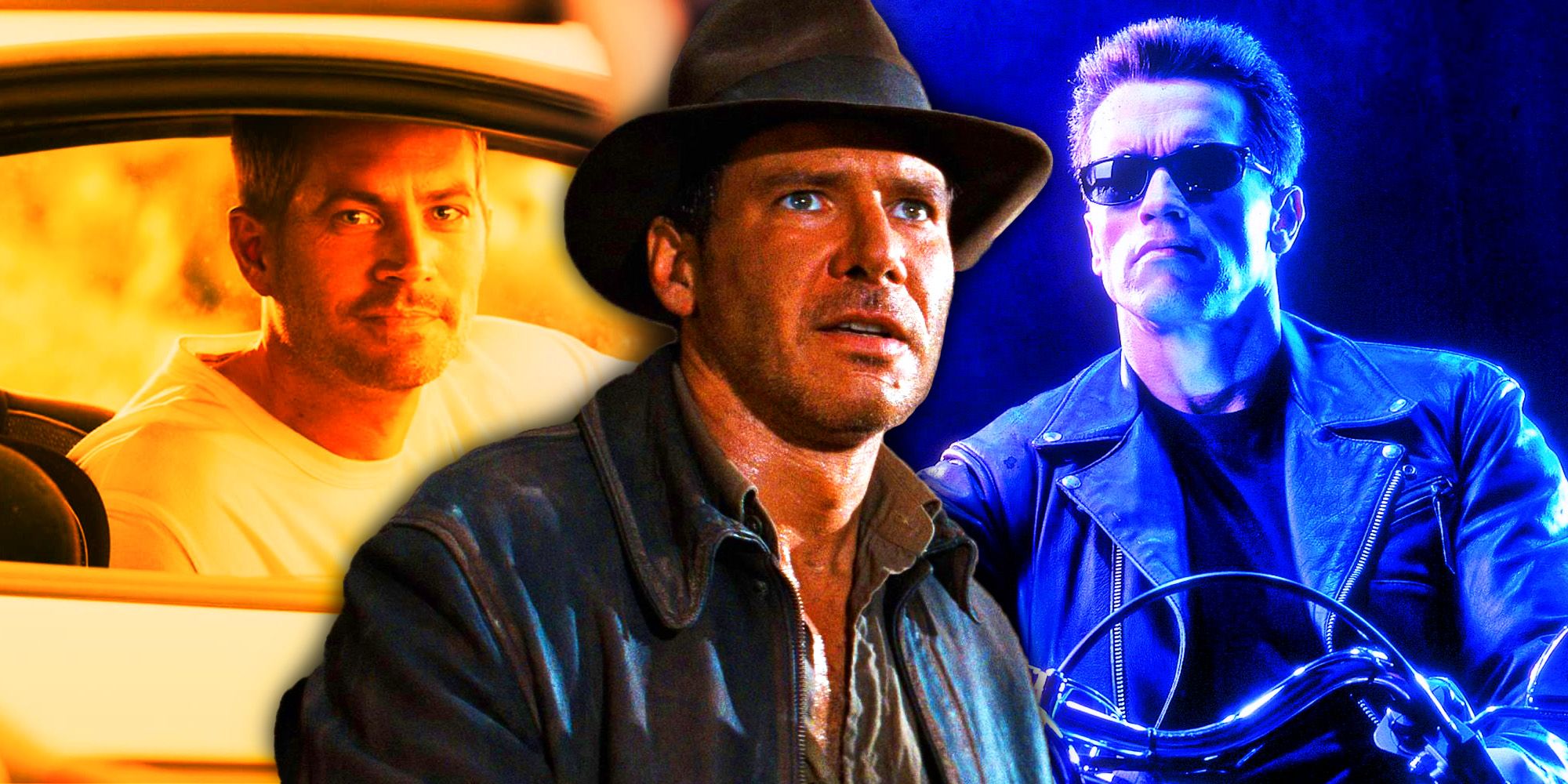 Paul Walker in Fast and Furious Indiana Jones and Arnold Schwarzenegger in Terminator