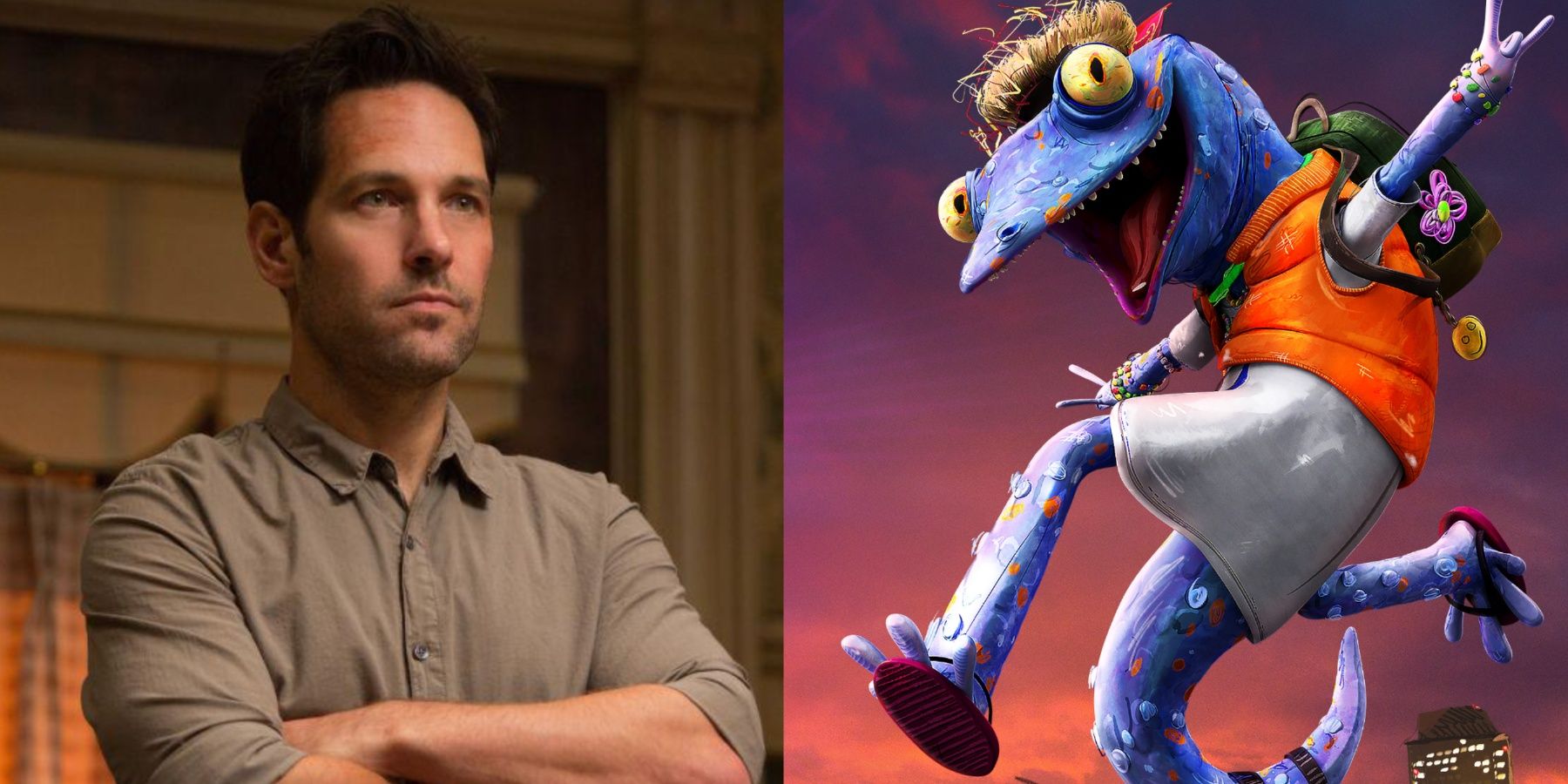 A side-by-side image features actor Paul Rudd and Mondo Gecko in Teenage Mutant Ninja Turtles: Mutant Mayhem