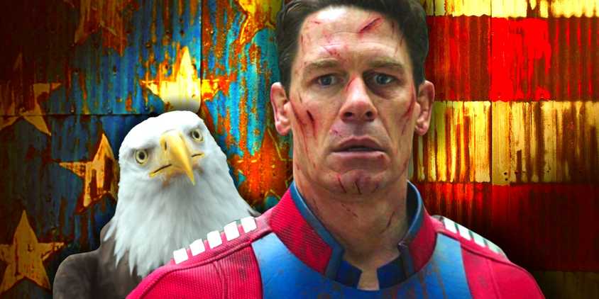 Collage of John Cena with Eagly in front of an american flag backdrop in Peacemaker