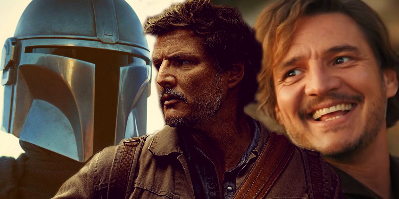 Pedro Pascal as the Mandalorian, Joel in The Last of Us, and Javi collage.