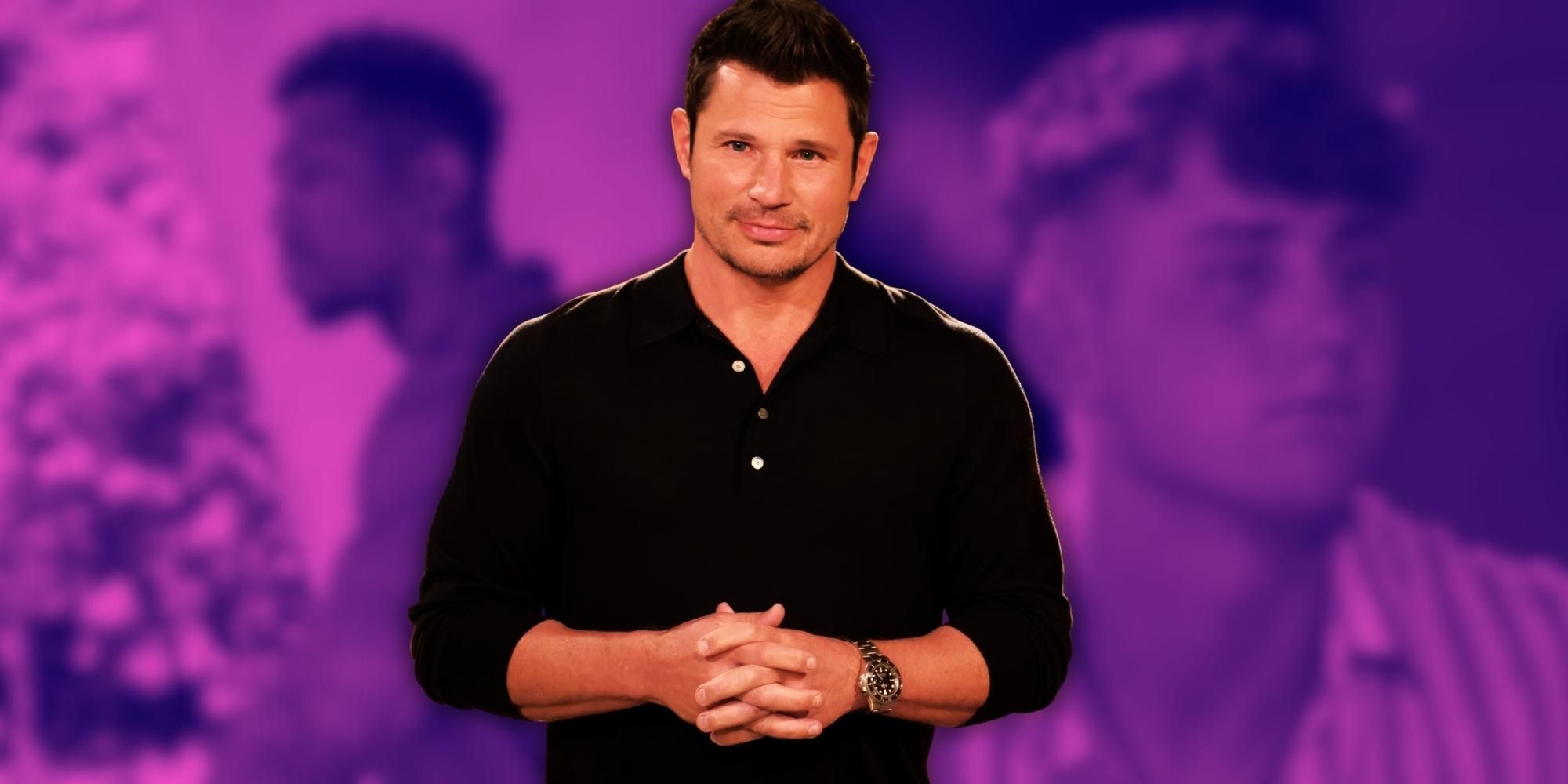 Perfect Match host Nick Lachey with blurred shots of Dom Gabriel & Harry Jowsey