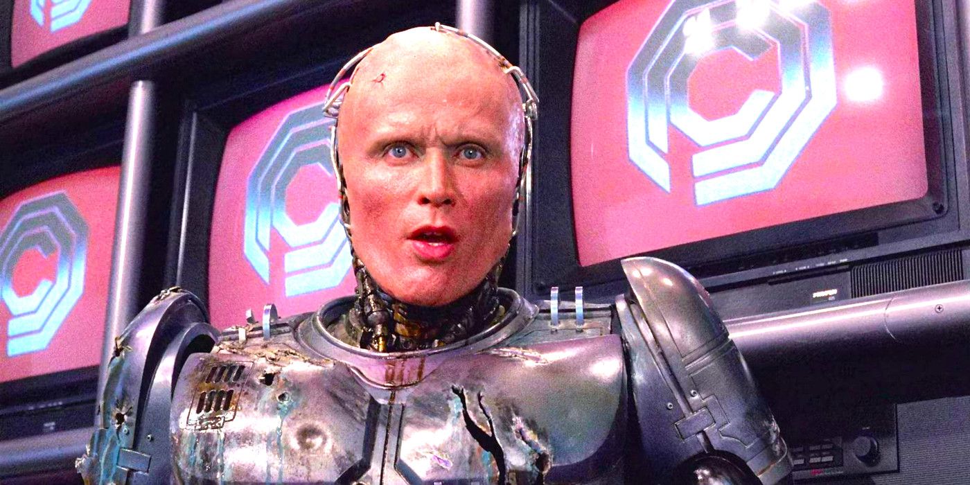 Peter Weller as Murphy delivering a stern lecture in Robocop