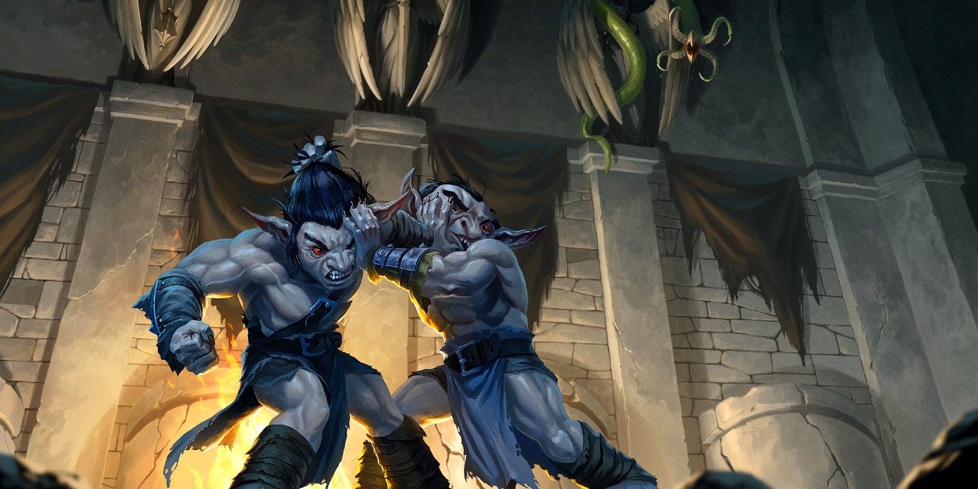 Arte de Phandelver e Below mostrando dois goblins lutando enquanto um monstro parecido com uma cobra se esconde no fundo.