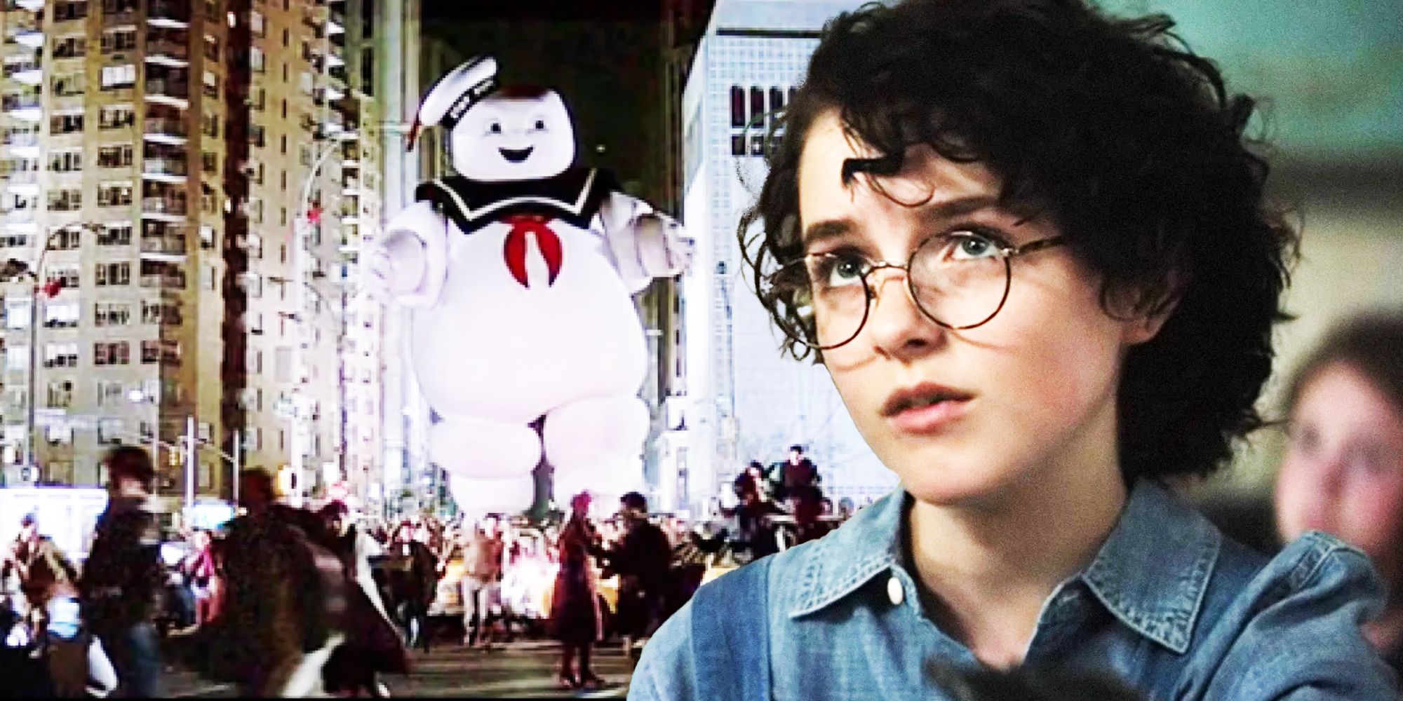 Phoebe in Ghostbusters Afterlife and Stay Puft attacking New York City