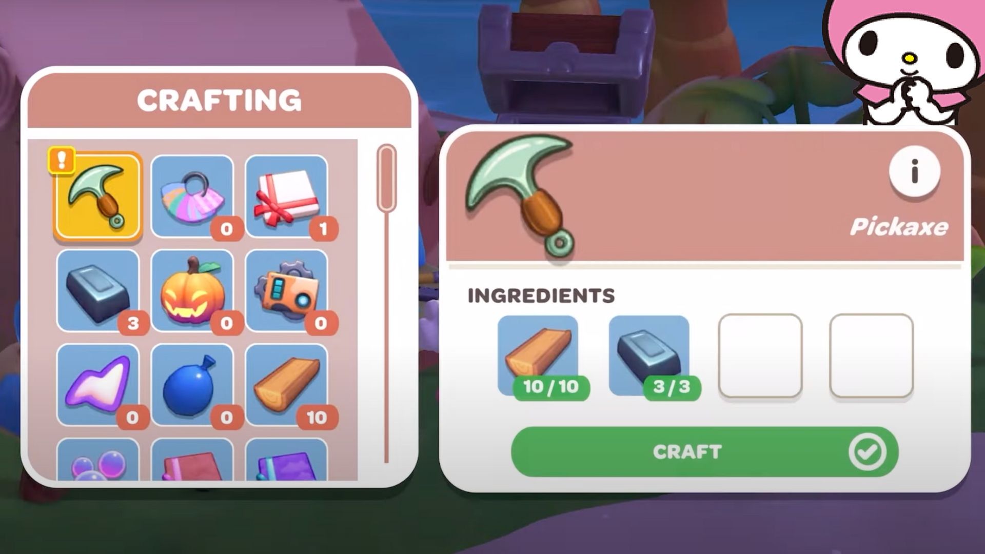 Pickaxe crafting screen in Hello Kitty Island Adventure