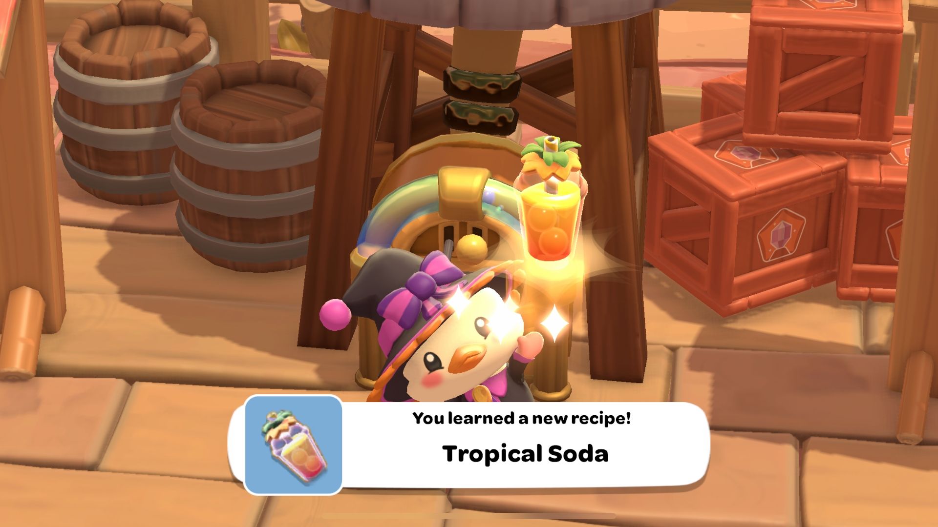 Jogador segurando um refrigerante tropical em Hello Kitty Island Adventure