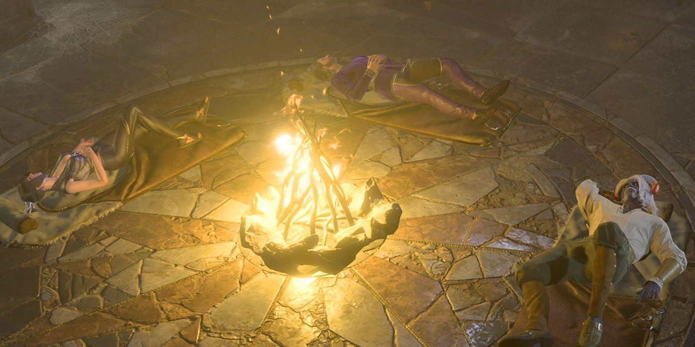 Baldur's Gate 3 party sleeping on sleeping bags around a campfire. 