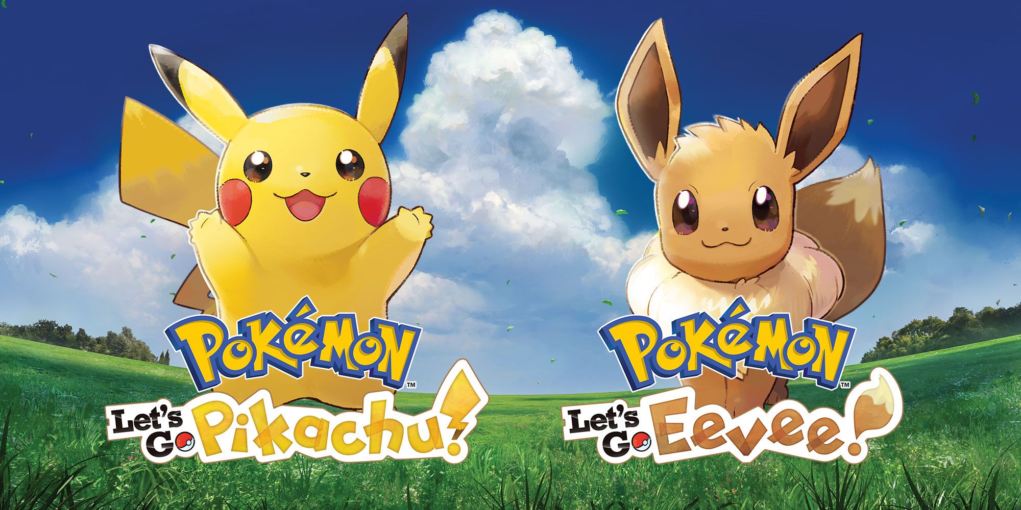 The logos for Pokémon: Let's Go, Pikachu! and Let's Go, Eevee, alongside their eponymous Pokémon, in front of a field of grass and a blue sky with large white clouds in the distance.