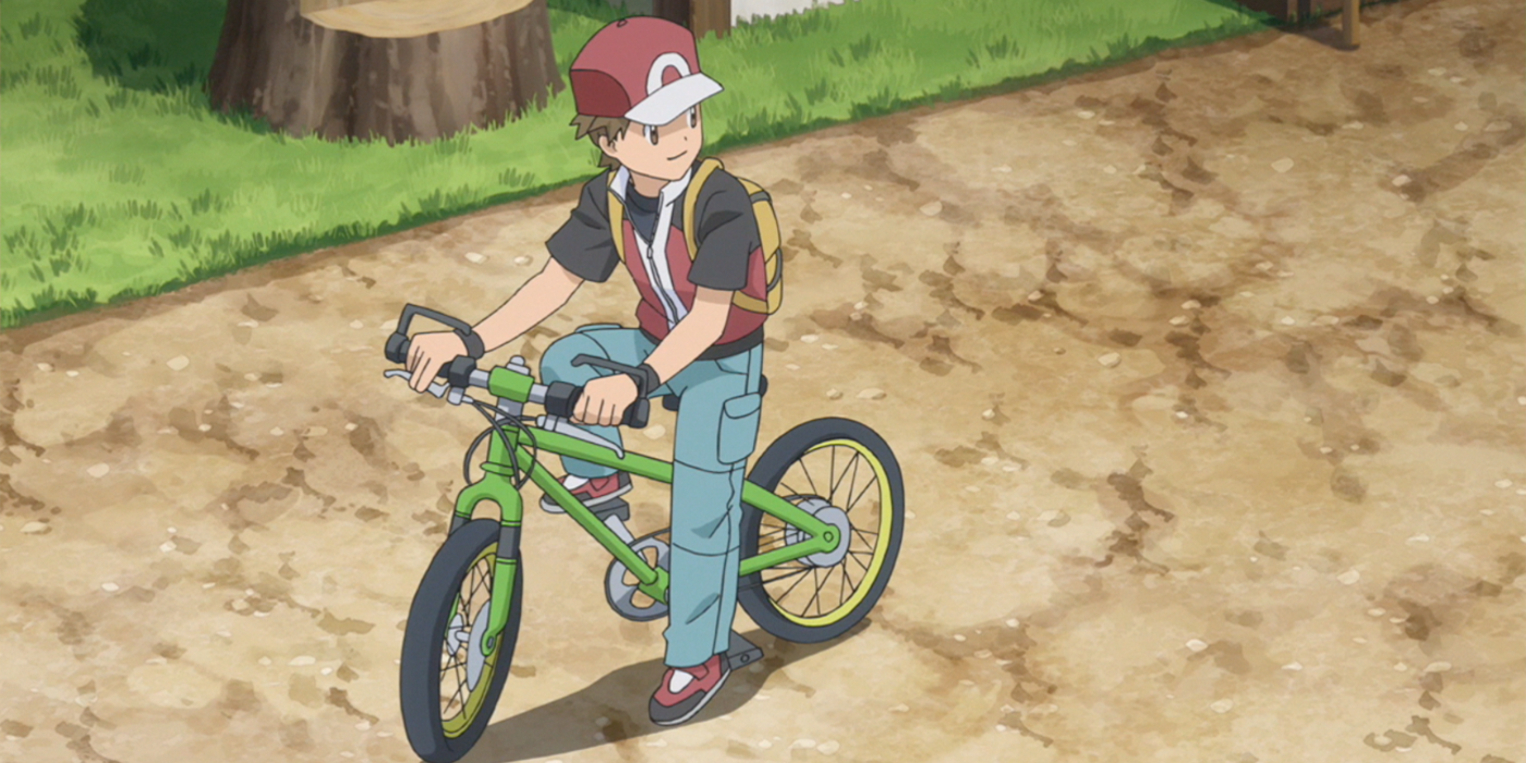 Red with a bicycle, as seen in Pokémon Origins.