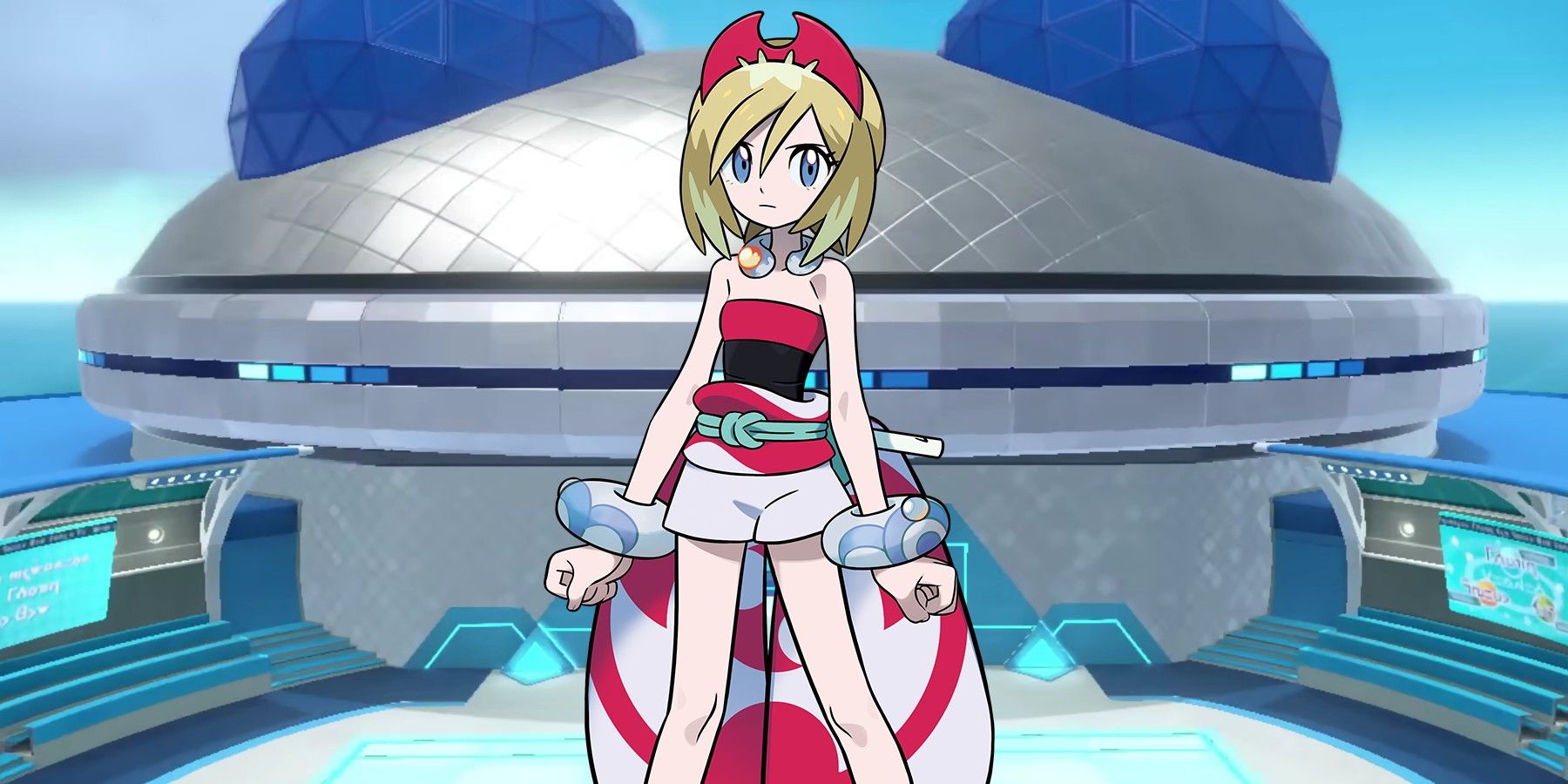 Irida from Pokémon Legends: Arceus, with Blueberry Academy from Pokémon Scarlet and Violet’s The Indigo Disk DLC in the background.