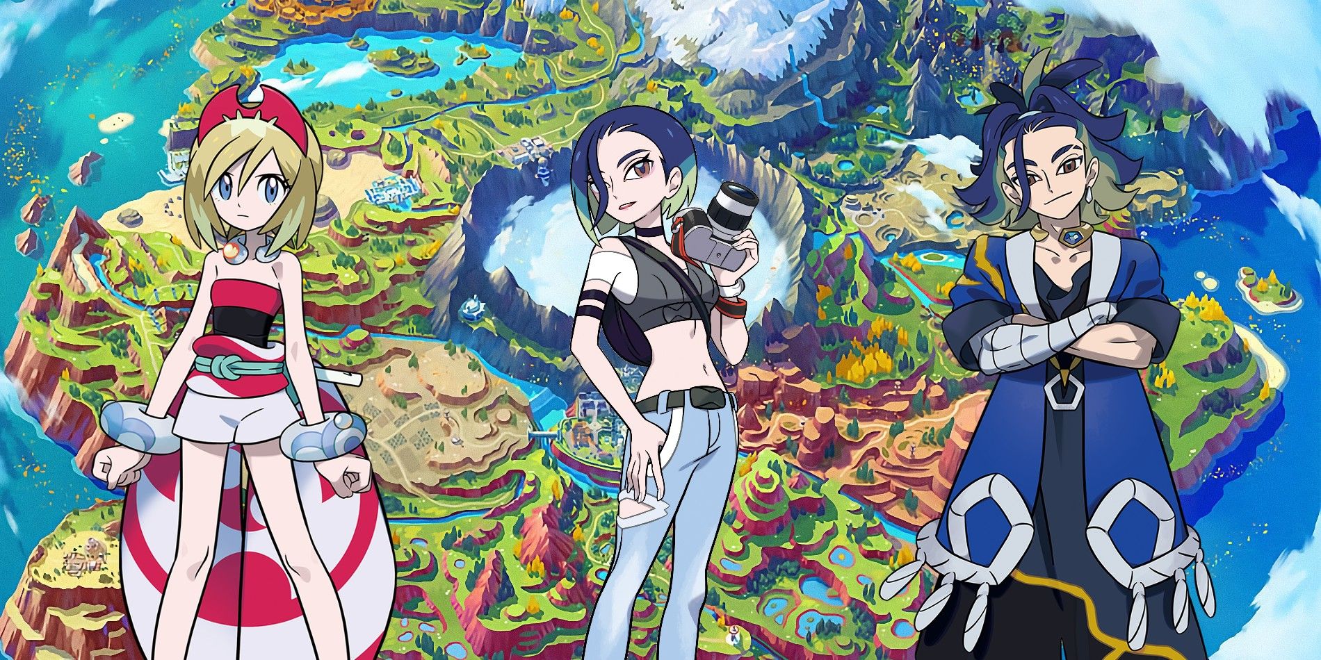 Pokémon’s Irida, Perrin and Adaman against a map of Paldea.