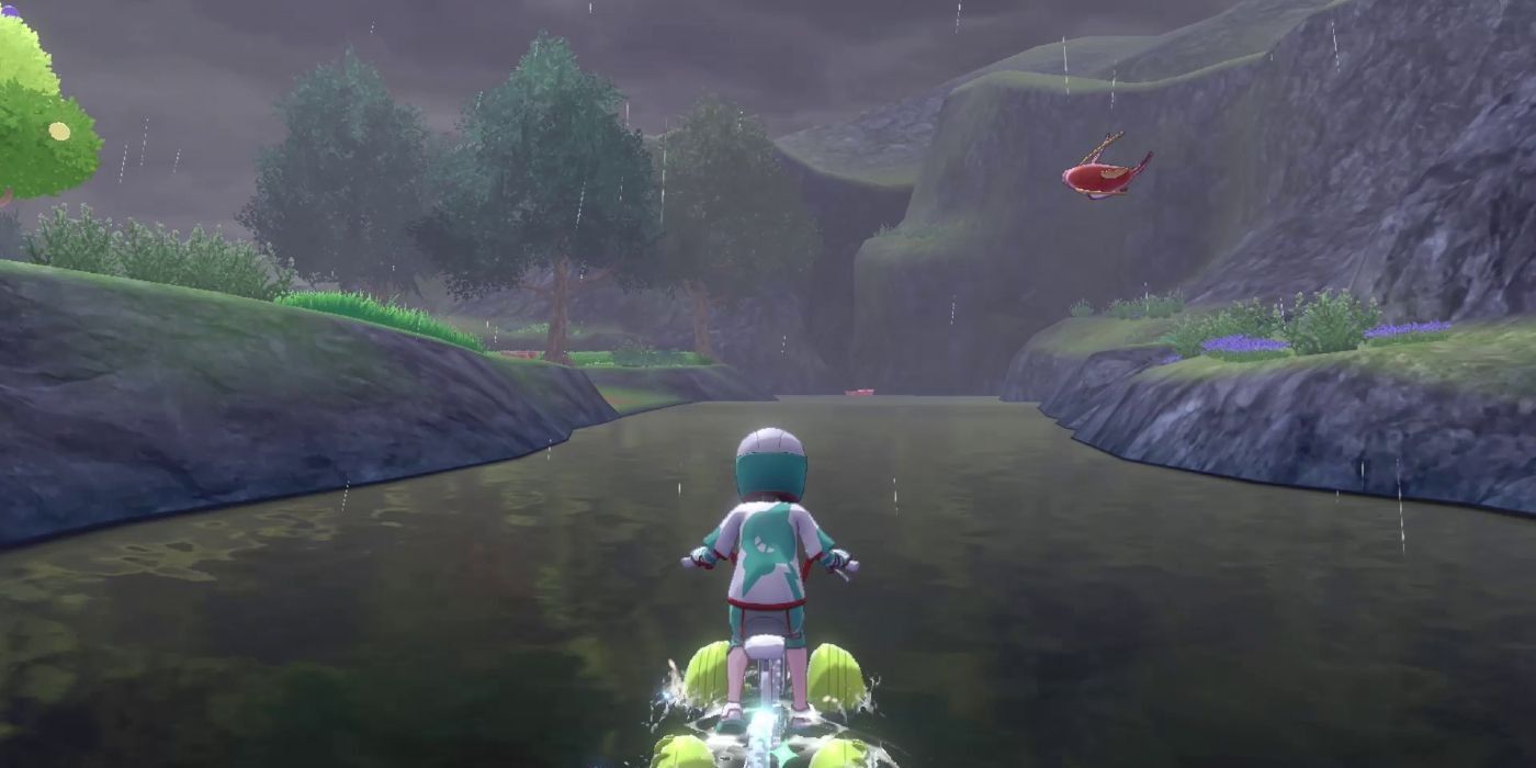 A player character riding a Rotom Bike in Water Mode during a storm in Pokémon Sword and Shield.