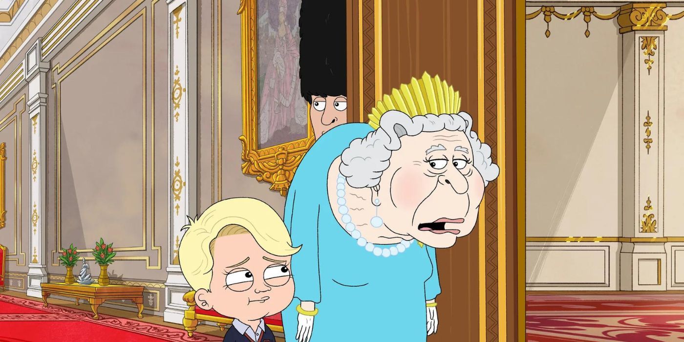 Prince George standing next to Queen Elizabeth in The Prince