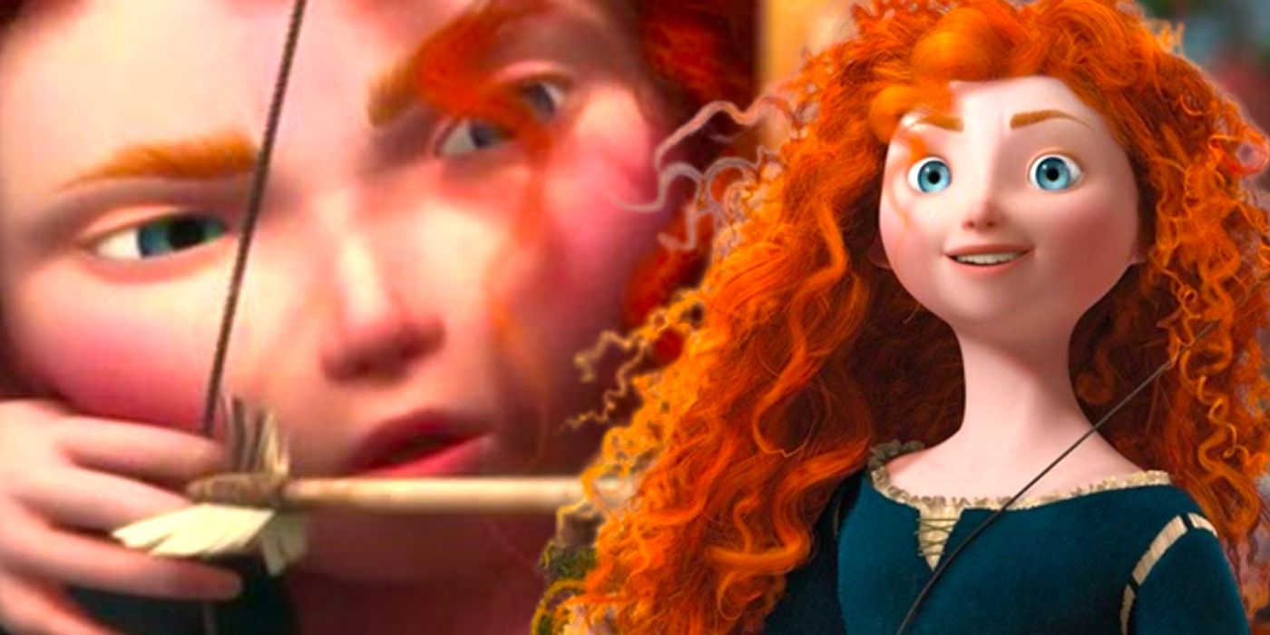 Merida launching an arrow and Merida smiling in Brave
