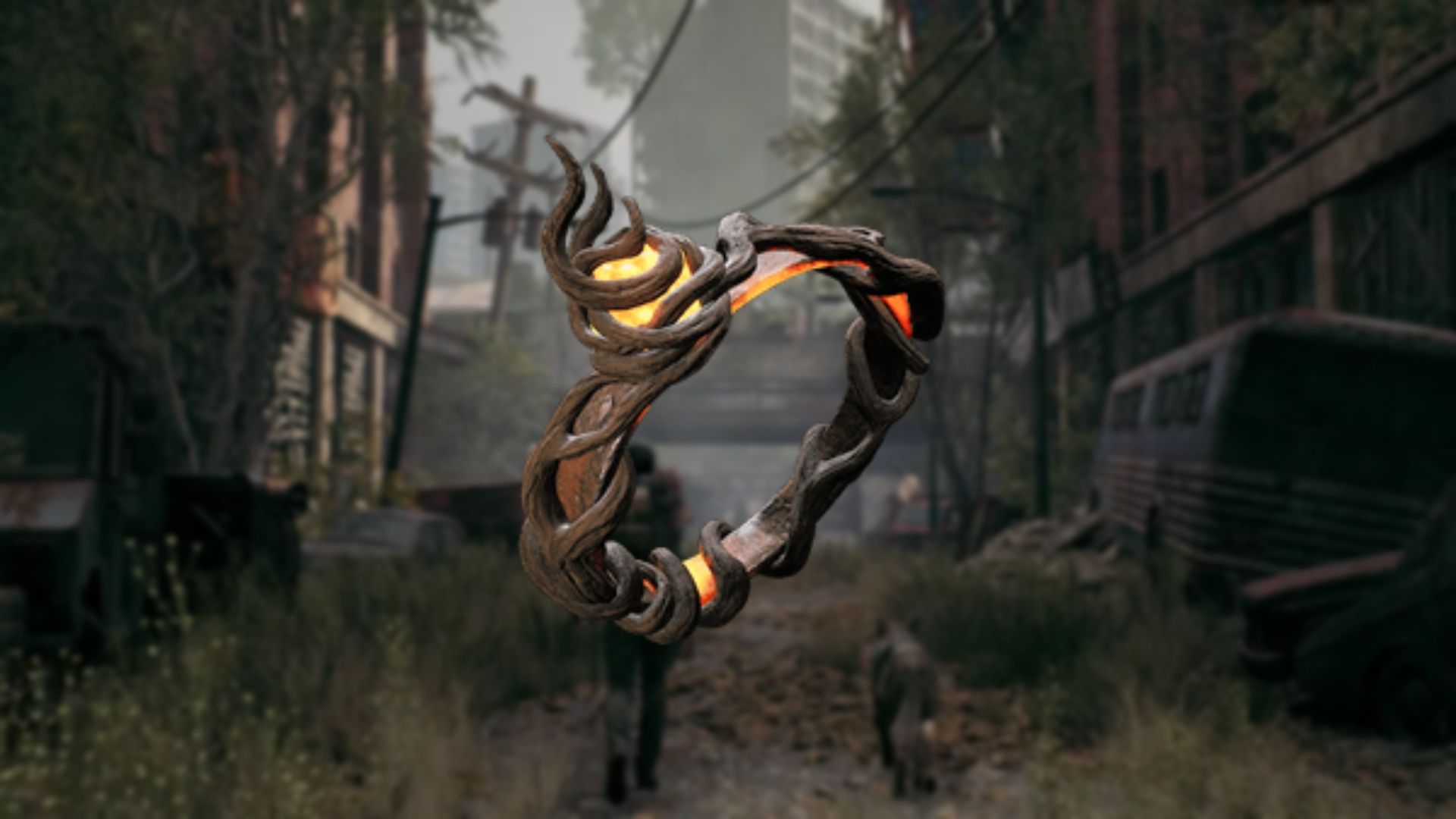A render of Probability Cord, a lava-colored ring with brown roots wrapped around it and its yellow gem, set against a blurred background of the Handler and their dog exploring the ruined world.