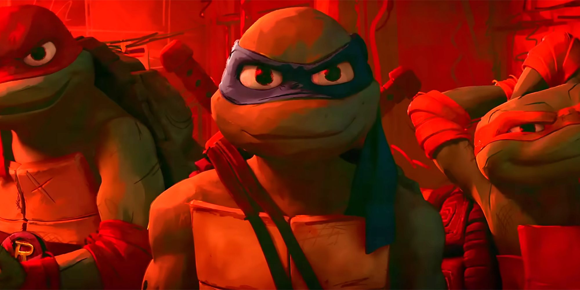 Raphael, Leonardo and Michaelangelo smirking in Teenage Mutant Ninja Turtles Mutant Mayhem