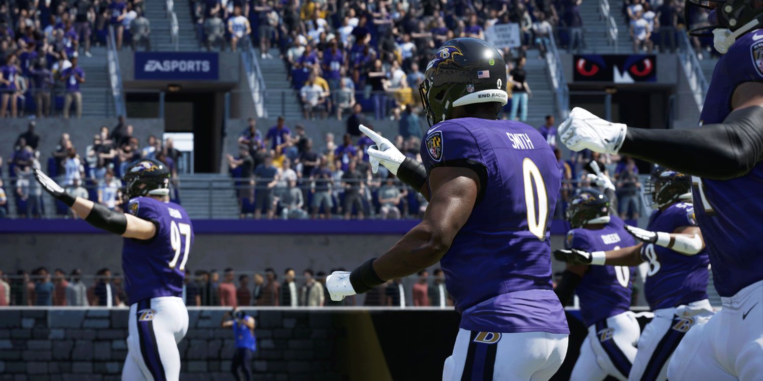 Baltimore Ravens in Madden 24 pointing to cheering audience.