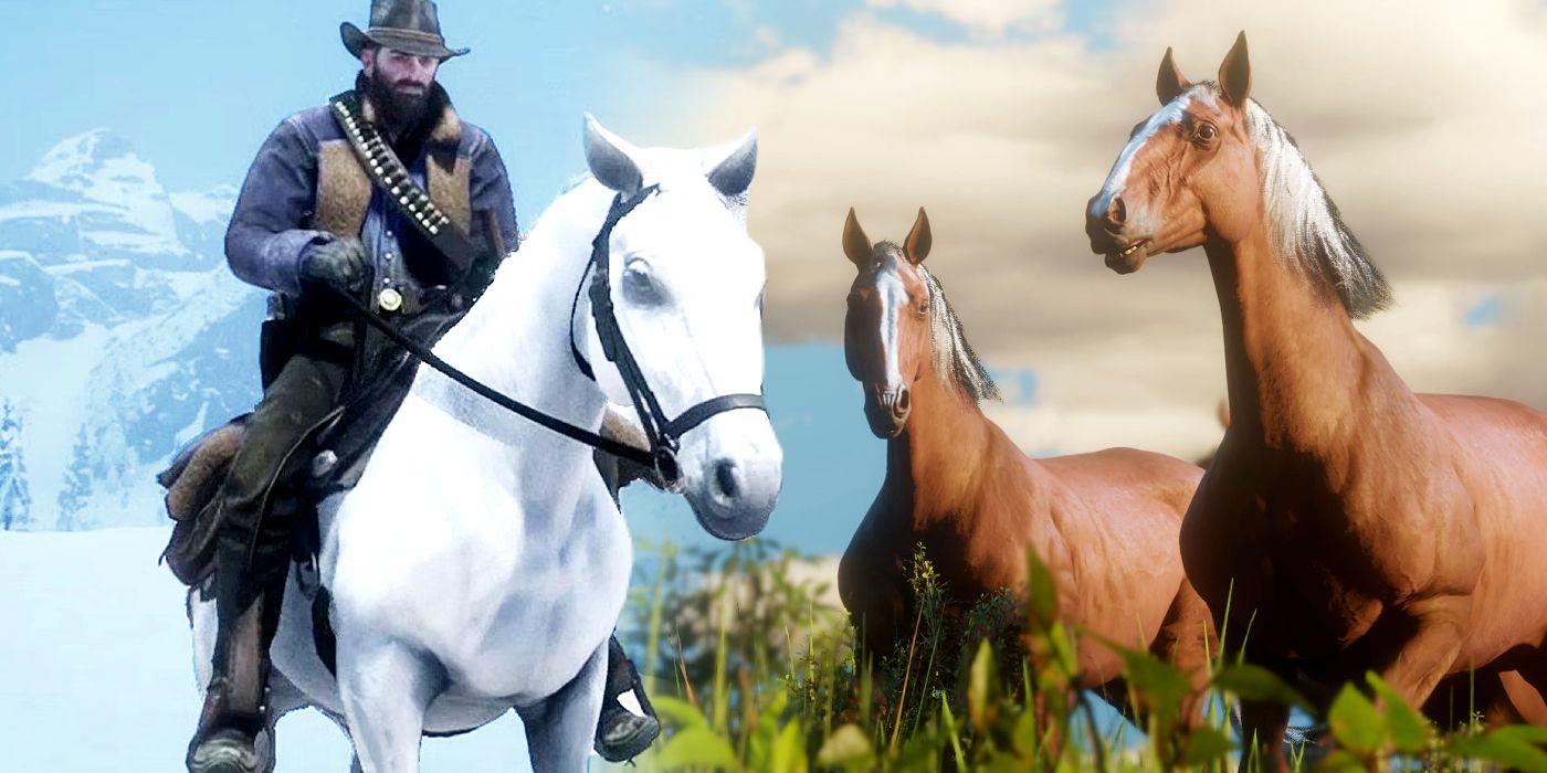 RDR2's Arthur Morgan riding a white horse on the left, and a collection of brown horses in a grassy field on the right.
