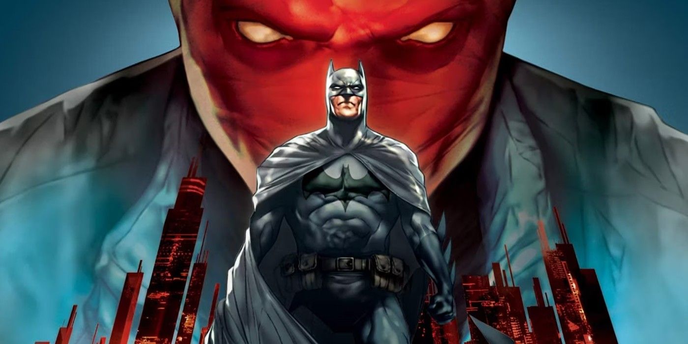 Batman in the foreground; Red Hood and Gotham looming in the background