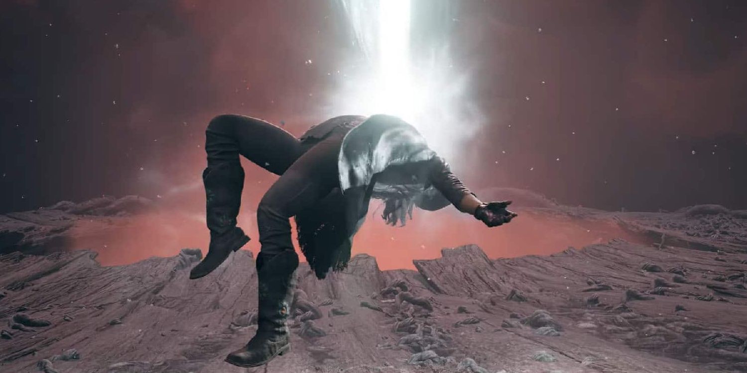 Clementine floats above the surface of the Root&rsquo;s home planet in Remnant 2, with a white light flowing into her chest.