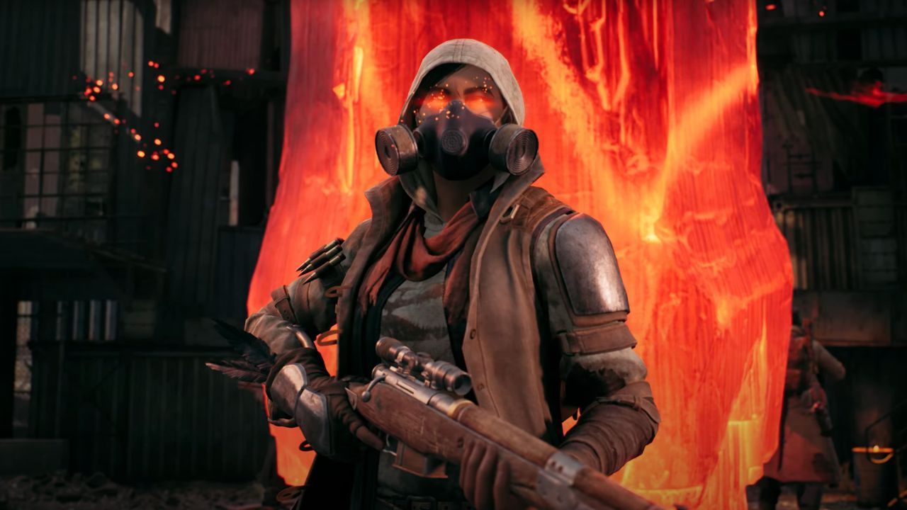 The Hunter Archetype wears a lower-face gas mask, a while hood, red scarf, and a mixture of leather and metal armor. They hold a sniper rifle and their eyes glow red in front of a giant red crystal.