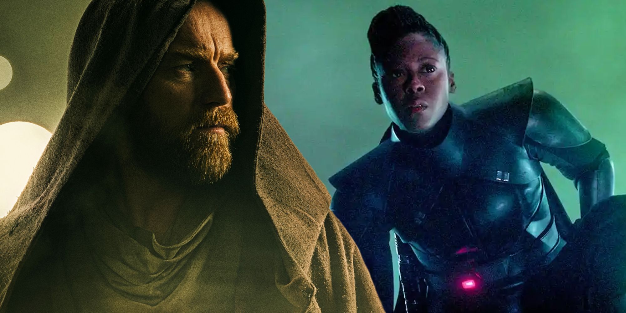 Reva from Obi-Wan Kenobi next to the poster for the show