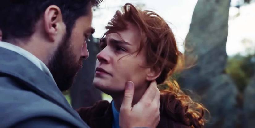 Richard Rankin as Roger Mackenzie and Sophie Skelton as Brianna Mackenzie in Outlander season 7 episode 8