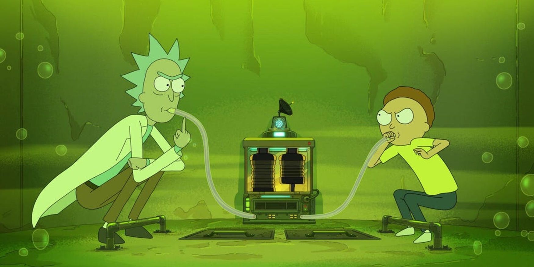 Rick and Morty hide in a vat of fake acid