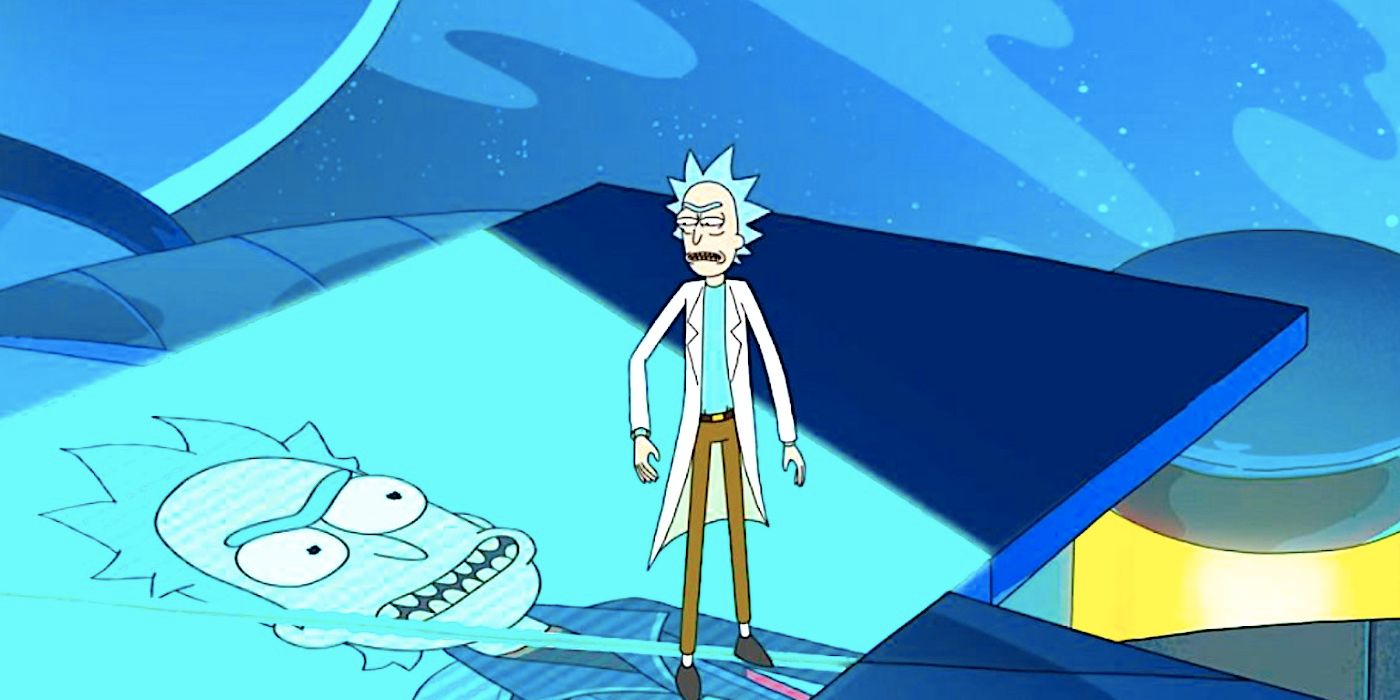 Rick stares in digust at Rick Prime on a TV in Rick and Morty