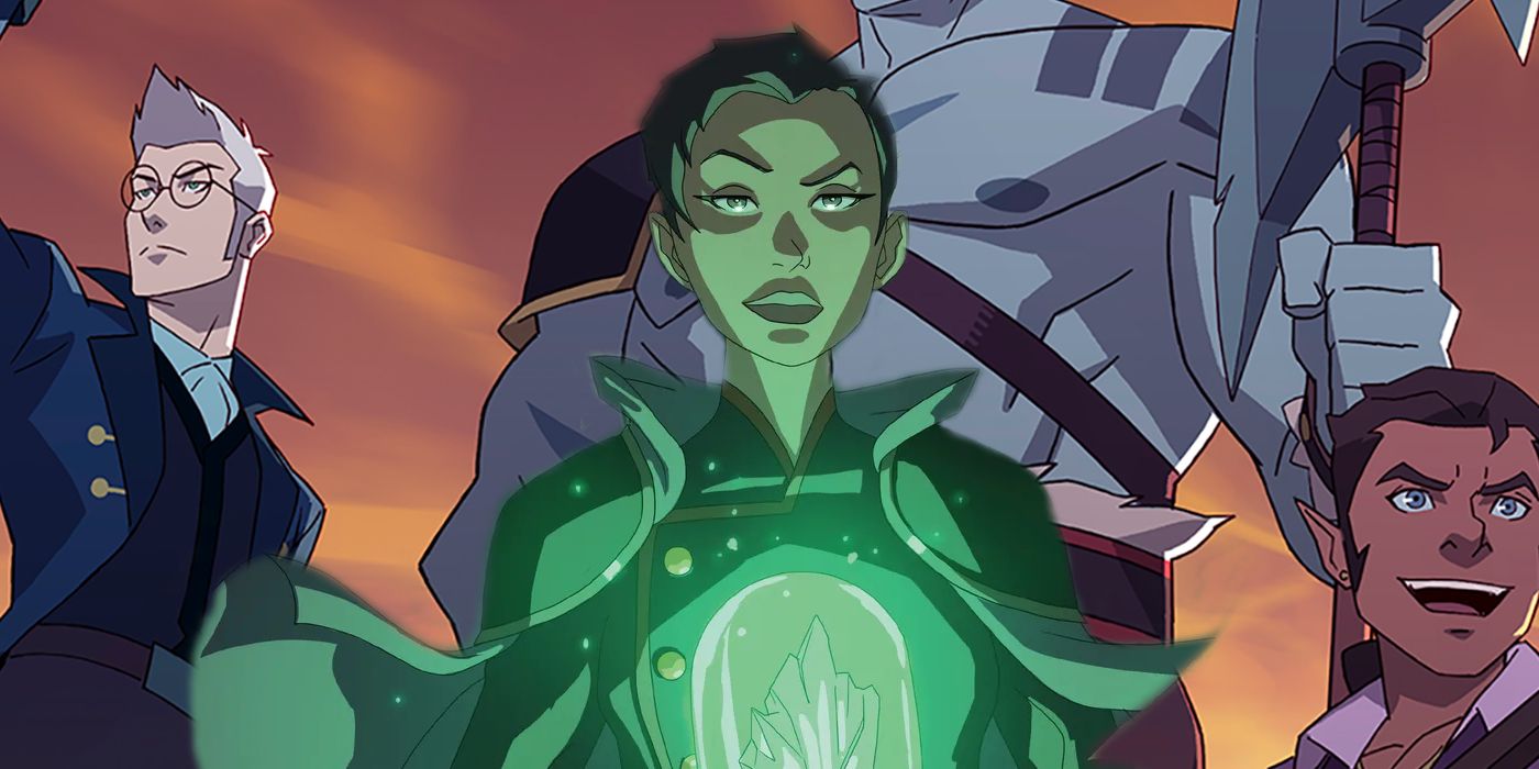 Doctor Anna Ripley holds a glowing green crystal as she stands in front of Vox Machina's heroes.