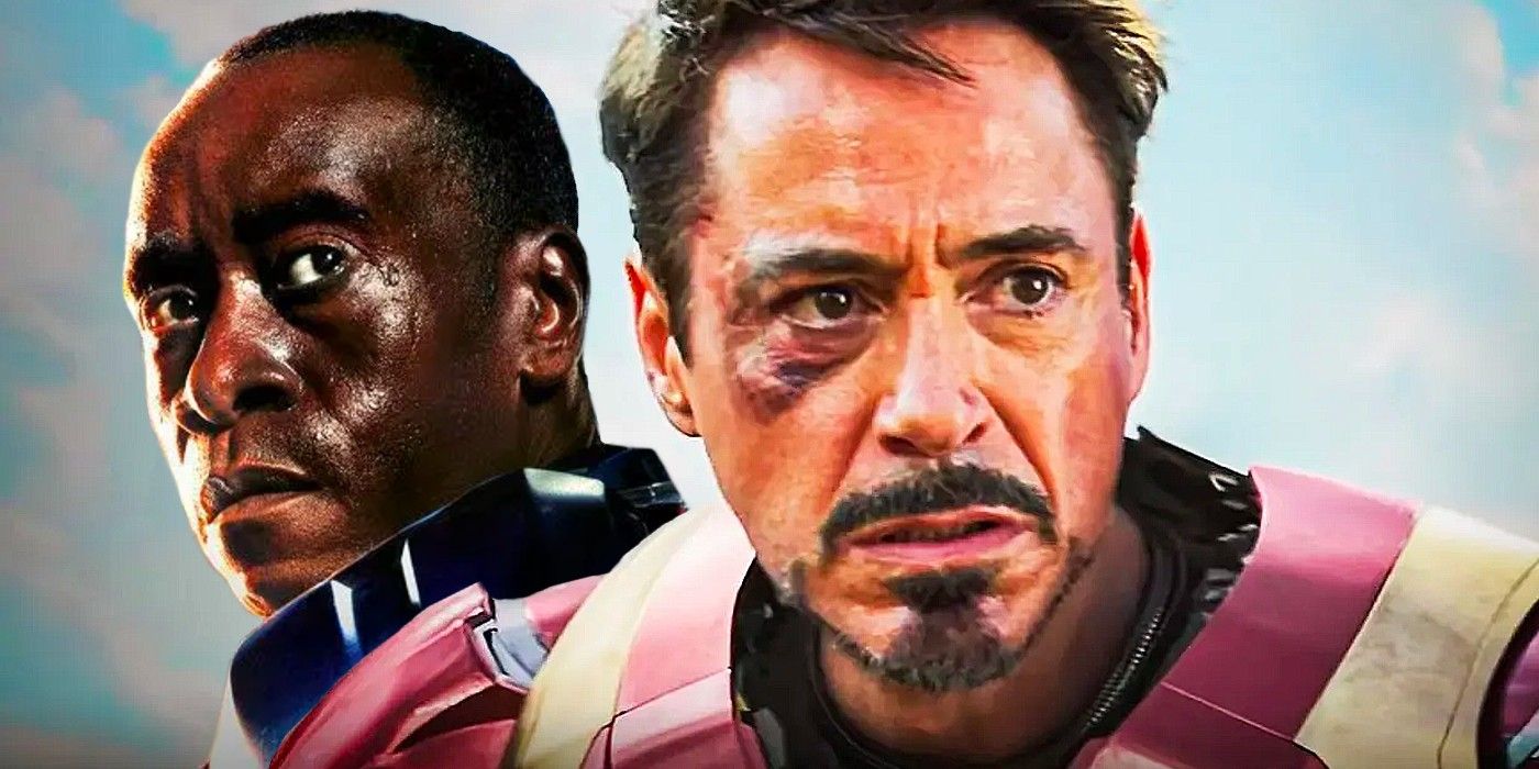 Robert Downey Jr as Iron Man with DOn Cheadle as War Machine Rhodey