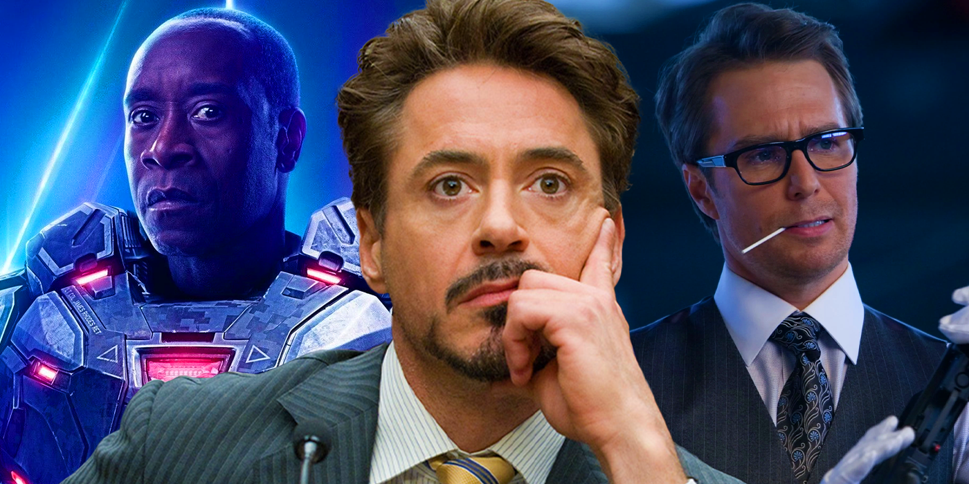 Robert Downey Jr as Tony Stark, Don Cheadle as War Machine, and Sam Rockwell as Justin Hammer in the MCU