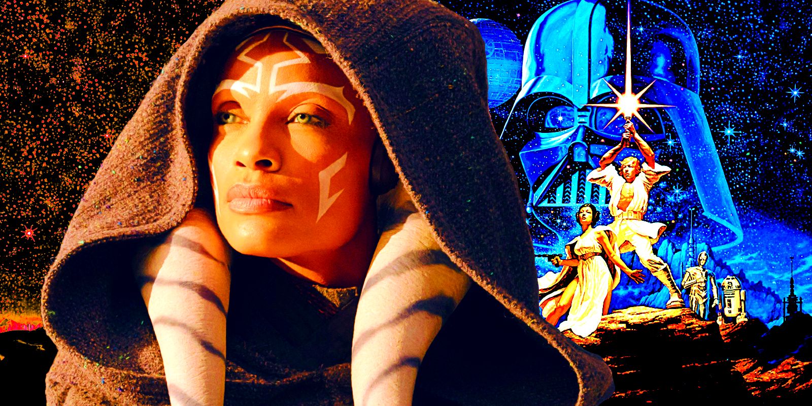 Rosario Dawson as Ahsoka Tano and A New Hope Poster Background