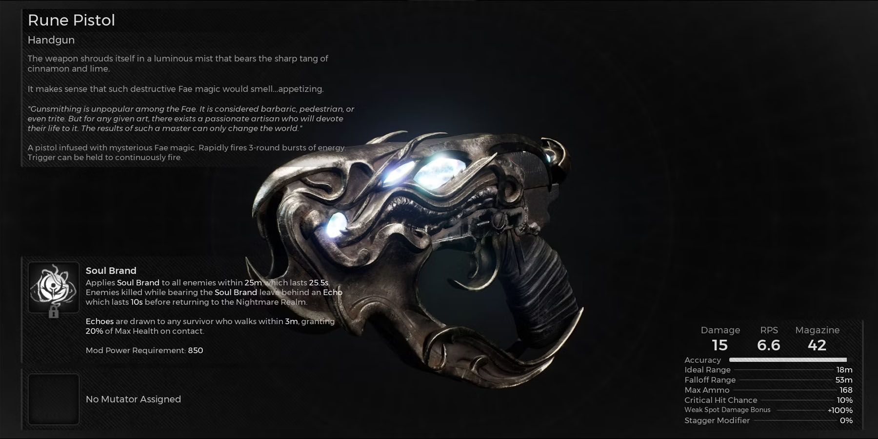 Rune pistol as shown in a Remnant 2 menu.