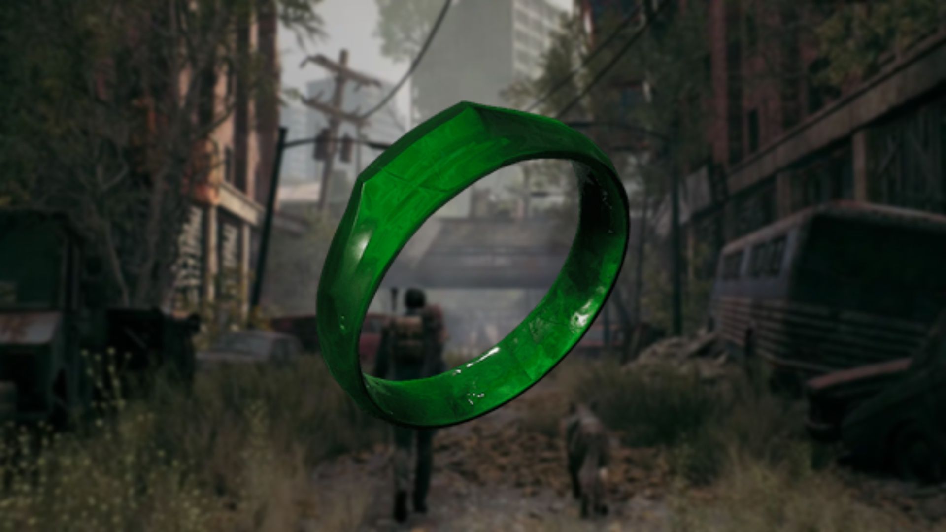A render of Sagestone, an emerald green ring, against a scene of a Handler and their dog wandering through the ruined world.