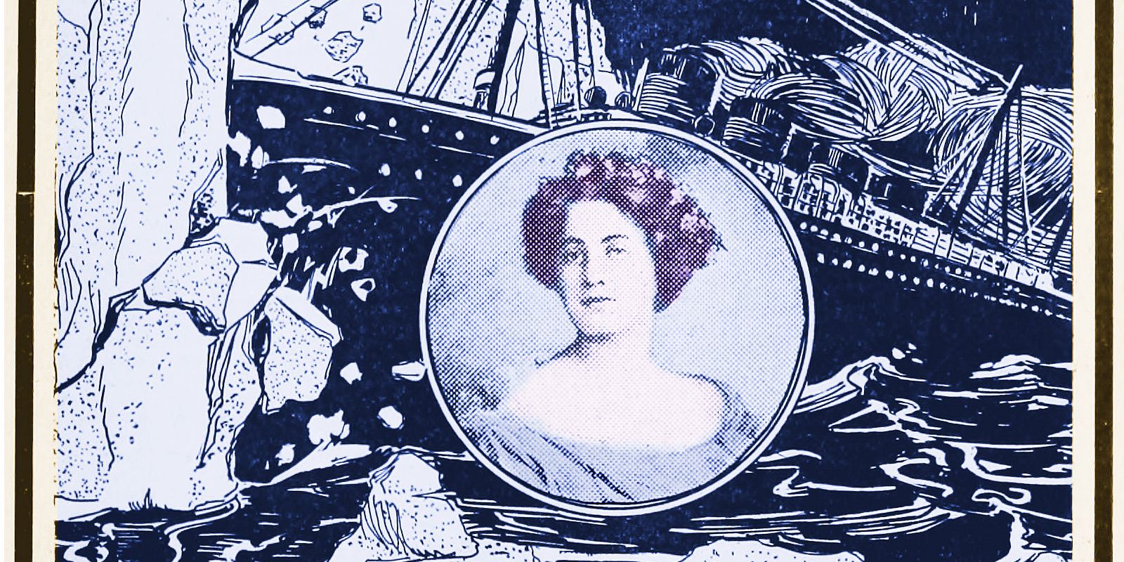 A portrait of Dorothy Gibson is in front of a drawing of the Titanic wreck.