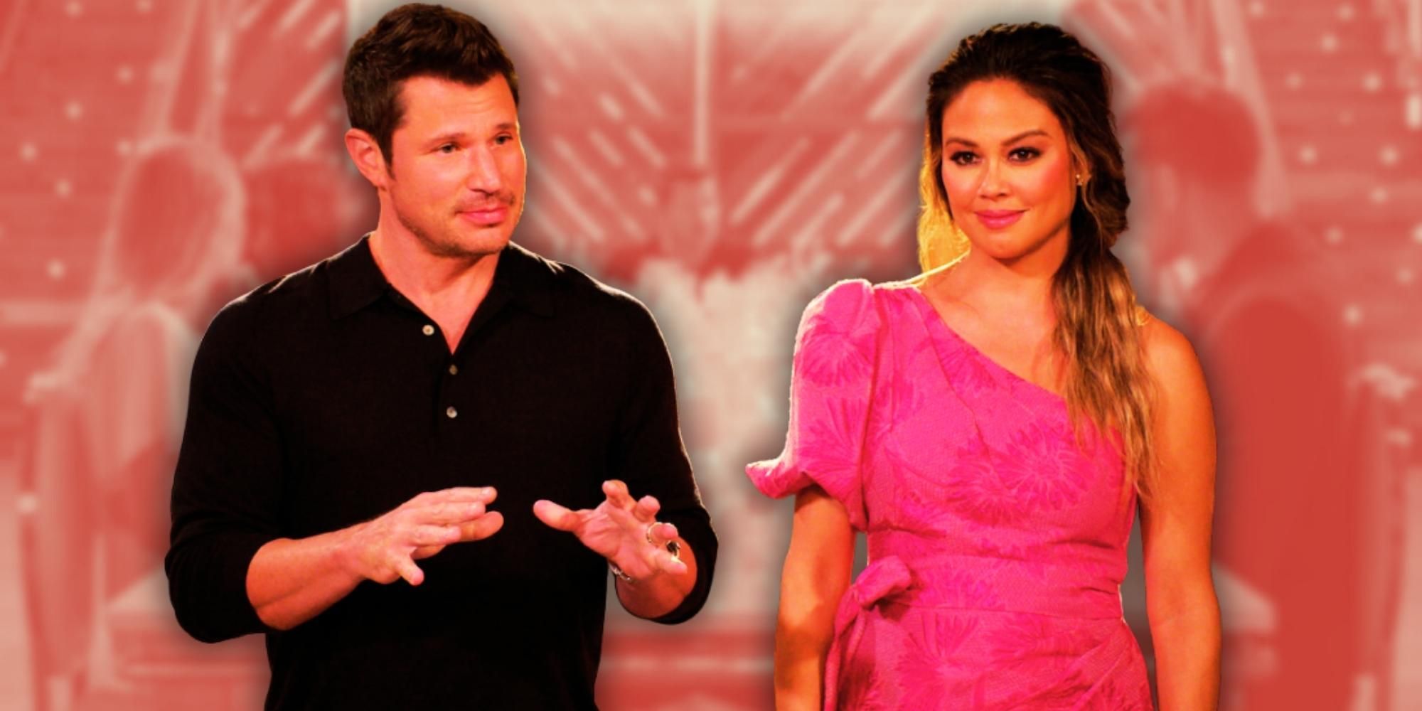 The Ultimatum: Marry or Move hosts Nick and Vanessa Lachey with Nick talking and Vanessa listening