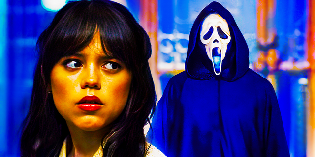 Jenna Ortega as Tara in Scream 6 with Ghostface