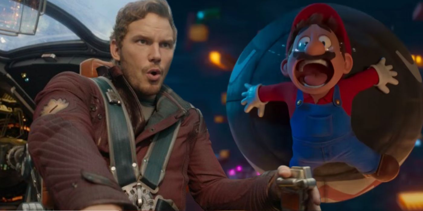 Chris Pratt as Starlord in Guardians of the Galaxy and as Mario in The Super Mario Bros. Movie.