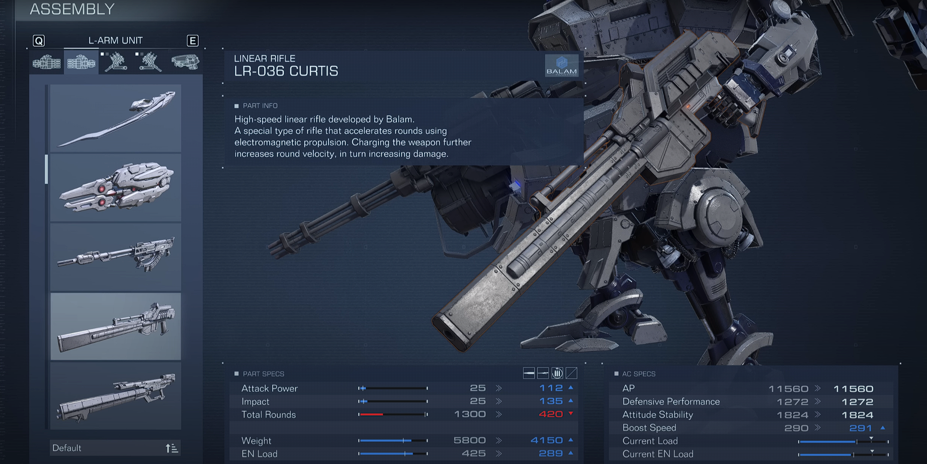 The Assembly Menu depicting the Linear Rifle Armored Core 6